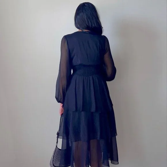 Tulle Tiered Black V Neck Midi Dress - Picture 6 of 6